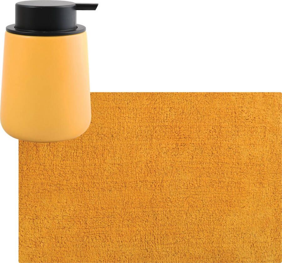 MSV badkamer droogloop mat tapijt 40 x 60 cm met zelfde kleur zeeppompje 300 ml saffraan geel