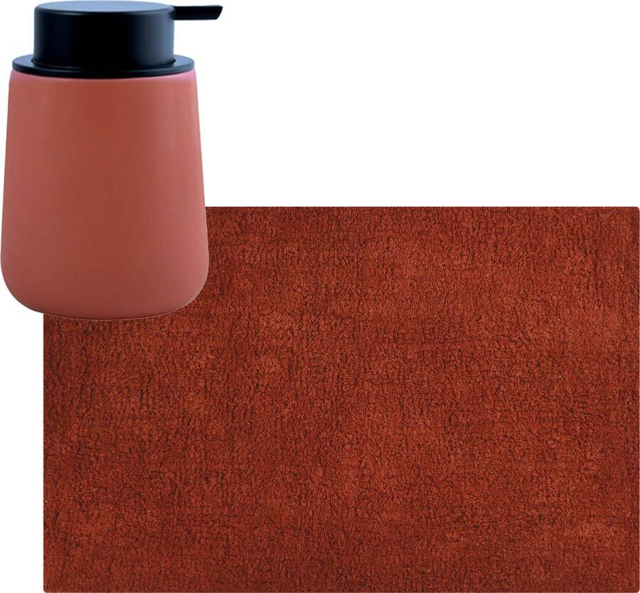 MSV badkamer droogloop mat tapijt 40 x 60 cm met zelfde kleur zeeppompje 300 ml terracotta
