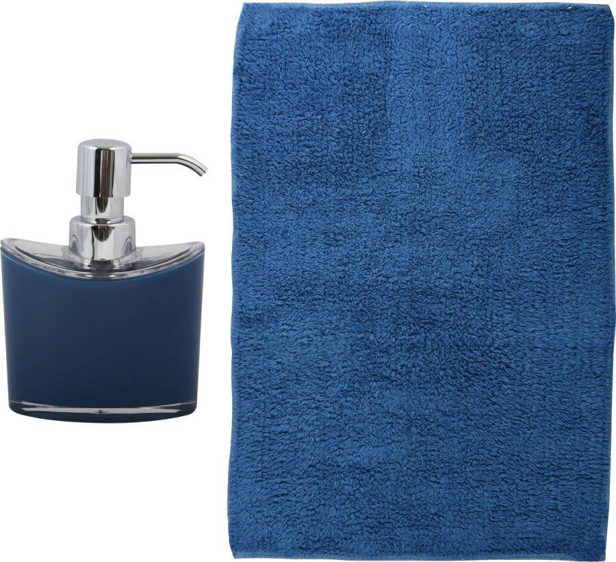 MSV badkamer droogloop mat tapijt Bologna 45 x 70 cm bijpassende kleur zeeppompje donkerblauw