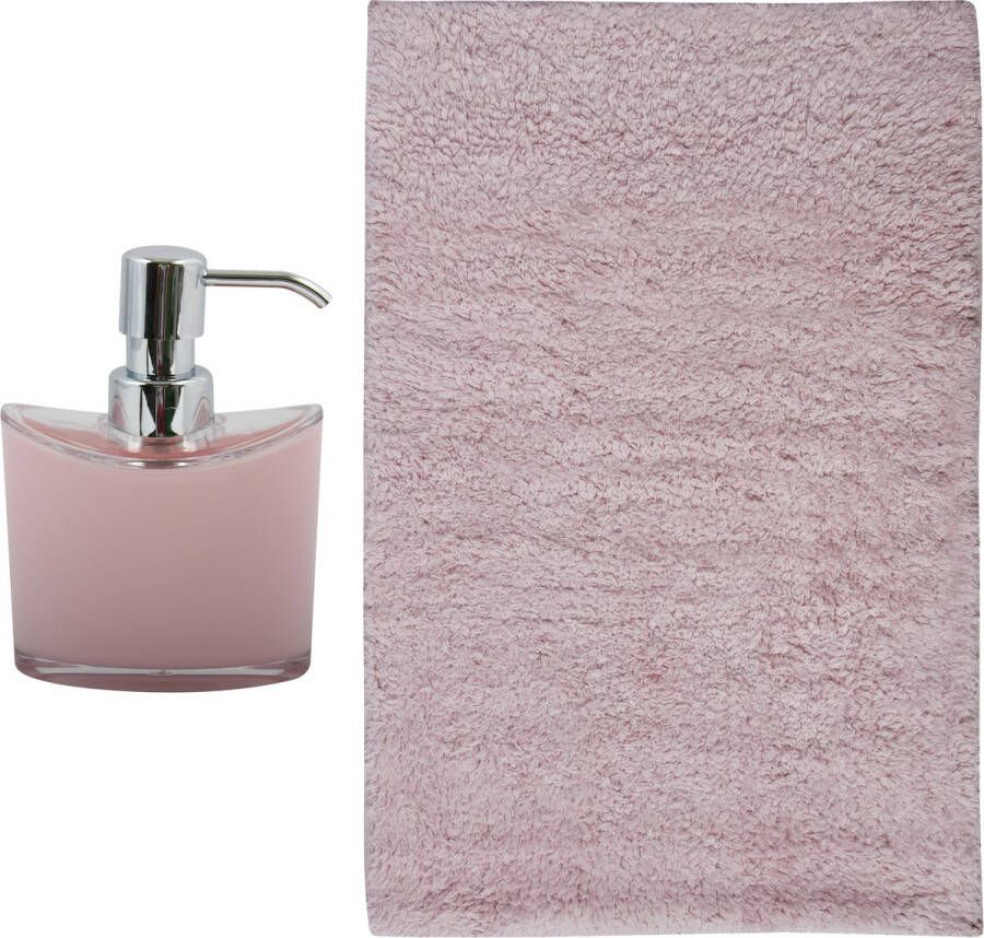 MSV badkamer droogloop mat tapijt Bologna 45 x 70 cm bijpassende kleur zeeppompje lichtroze