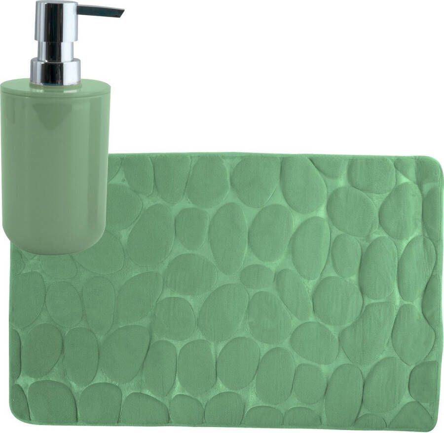 MSV badkamer droogloop mat tapijt Kiezel motief 50 x 80 cm zelfde kleur zeeppompje 260 ml groen