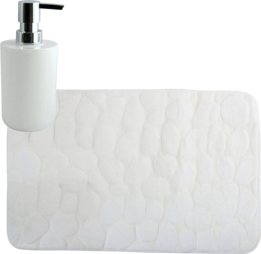 MSV badkamer droogloop mat tapijt Kiezel motief 50 x 80 cm zelfde kleur zeeppompje 260 ml ivoor wit