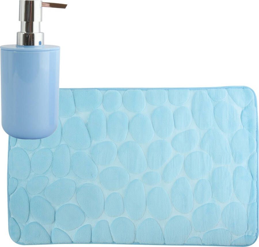 MSV badkamer droogloop mat tapijt Kiezel motief 50 x 80 cm zelfde kleur zeeppompje 260 ml lichtblauw