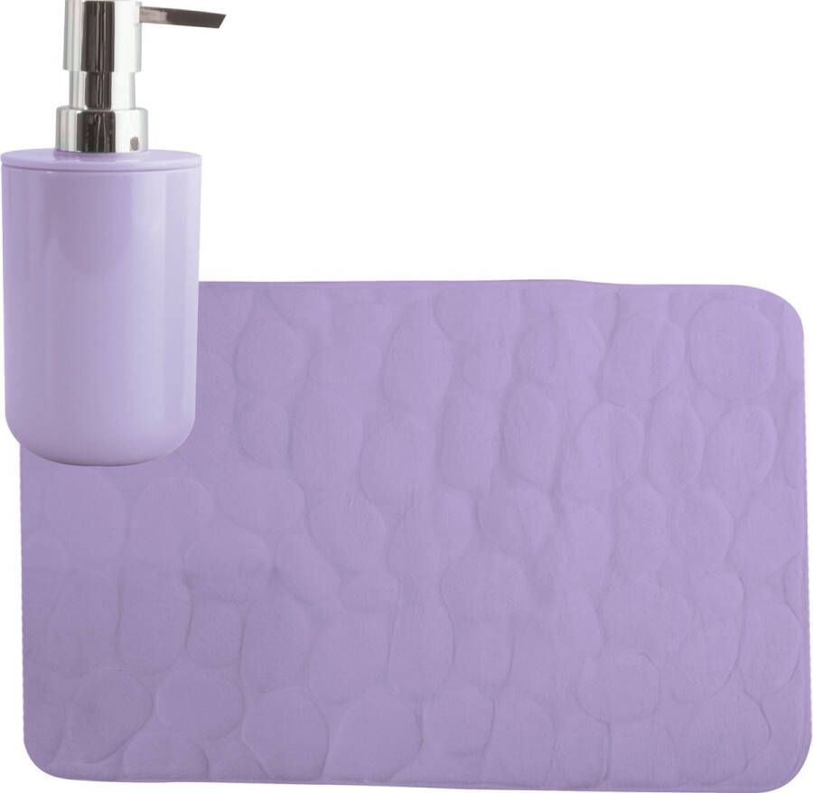 MSV badkamer droogloop mat tapijt Kiezel motief 50 x 80 cm zelfde kleur zeeppompje 260 ml lila paars