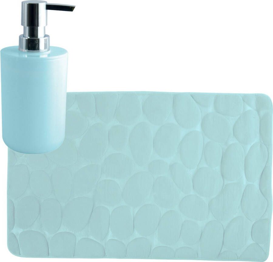 MSV badkamer droogloop mat tapijt Kiezel motief 50 x 80 cm zelfde kleur zeeppompje 260 ml mintgroen