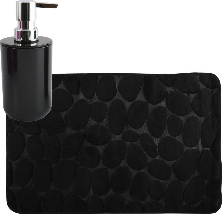 MSV badkamer droogloop mat tapijt Kiezel motief 50 x 80 cm zelfde kleur zeeppompje 260 ml zwart