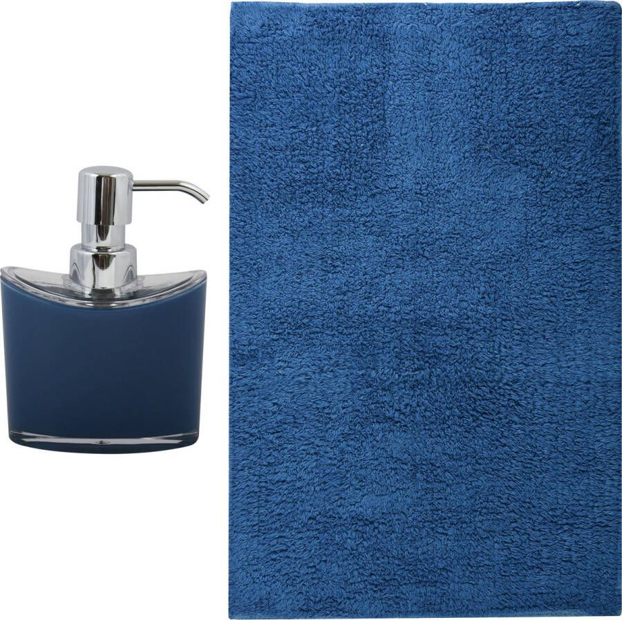 MSV badkamer droogloop mat tapijt Sienna 40 x 60 cm bijpassende kleur zeeppompje donkerblauw
