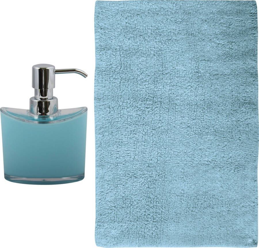 MSV badkamer droogloop mat tapijt Sienna 40 x 60 cm bijpassende kleur zeeppompje lichtblauw