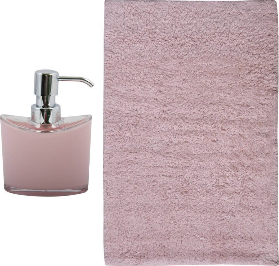 MSV badkamer droogloop mat tapijt Sienna 40 x 60 cm bijpassende kleur zeeppompje lichtroze