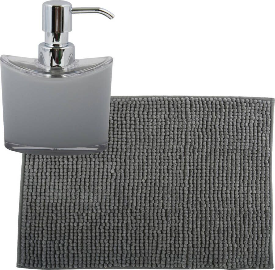 MSV badkamer droogloop mat tapijtje 40 x 60 cm en zelfde kleur zeeppompje 260 ml grijs