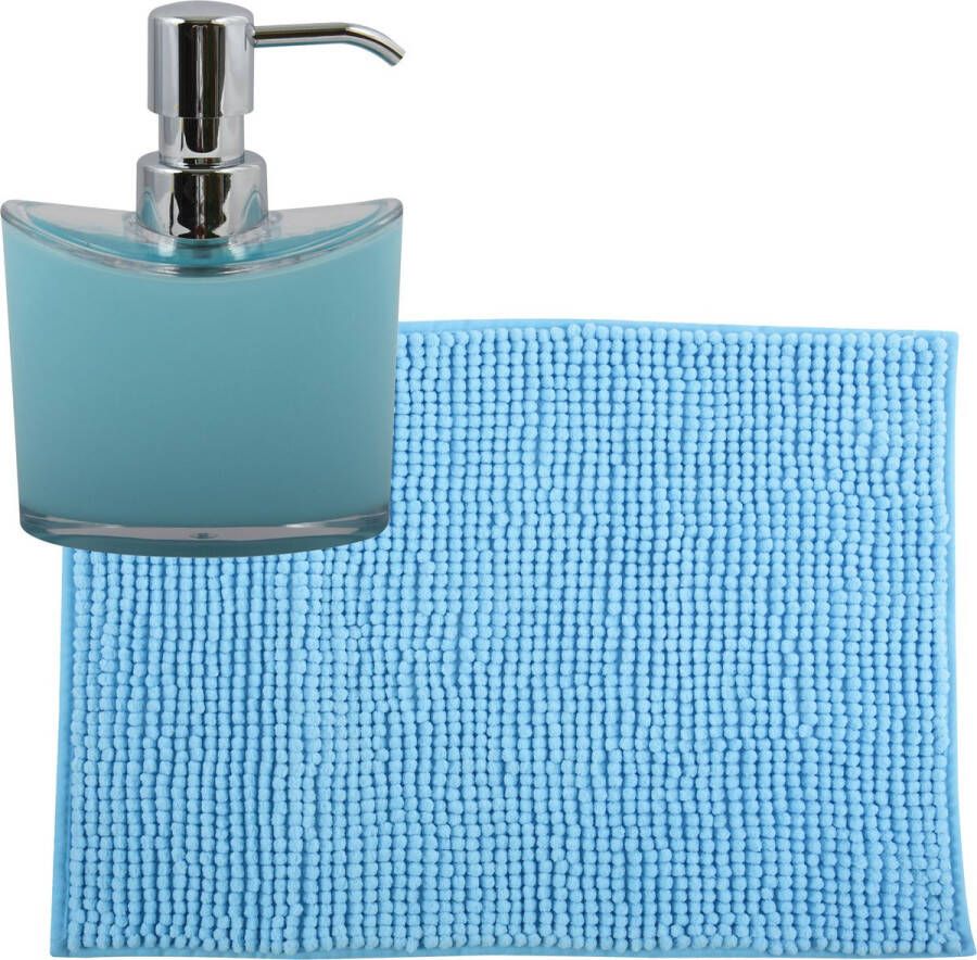 MSV badkamer droogloop mat tapijtje 40 x 60 cm en zelfde kleur zeeppompje 260 ml lichtblauw