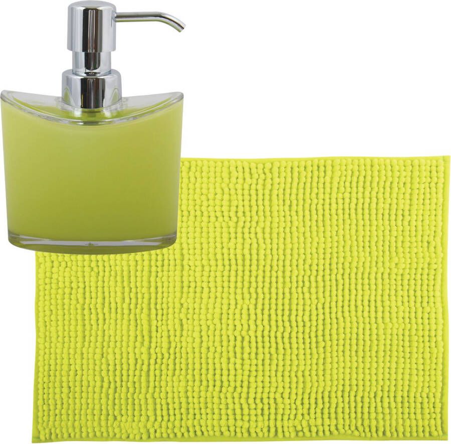 MSV badkamer droogloop mat tapijtje 40 x 60 cm en zelfde kleur zeeppompje 260 ml lime groen