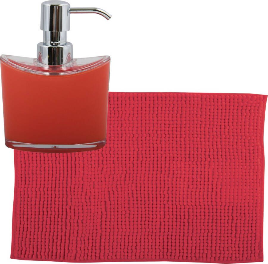 MSV badkamer droogloop mat tapijtje 40 x 60 cm en zelfde kleur zeeppompje 260 ml rood