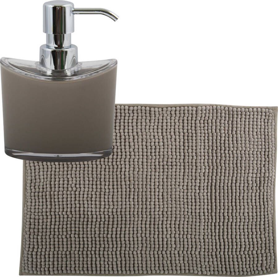 MSV badkamer droogloop mat tapijtje 50 x 80 cm en zelfde kleur zeeppompje 260 ml beige