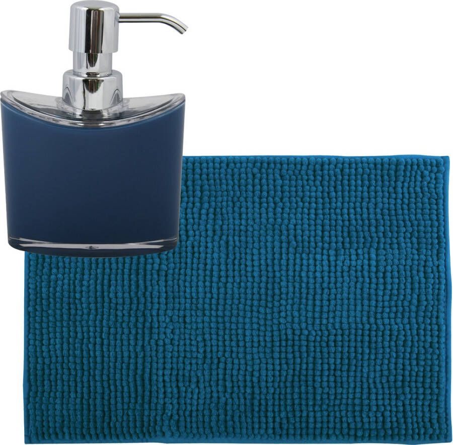 MSV badkamer droogloop mat tapijtje 50 x 80 cm en zelfde kleur zeeppompje 260 ml donkerblauw