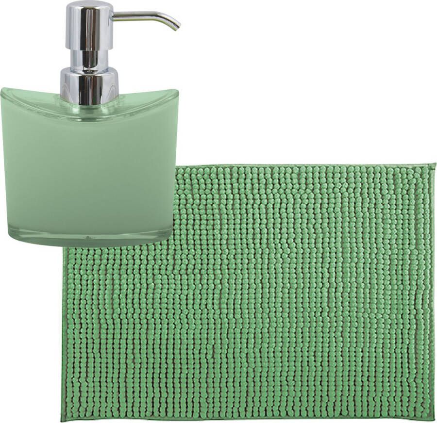 MSV badkamer droogloop mat tapijtje 50 x 80 cm en zelfde kleur zeeppompje 260 ml groen
