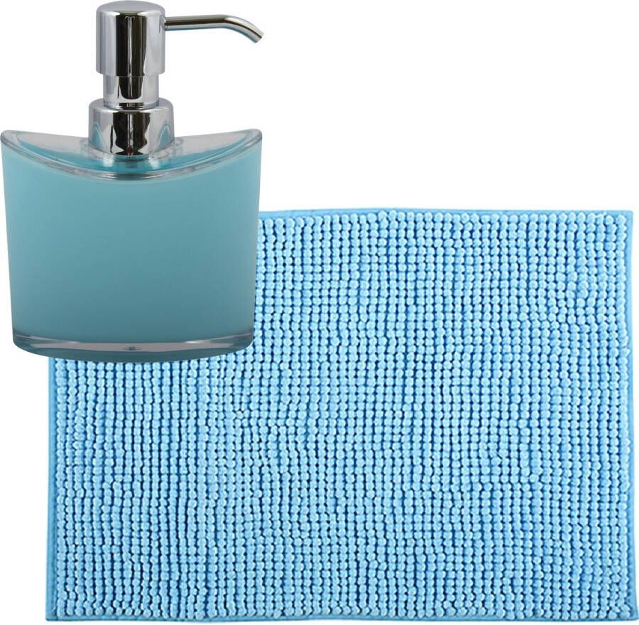 MSV badkamer droogloop mat tapijtje 50 x 80 cm en zelfde kleur zeeppompje 260 ml lichtblauw