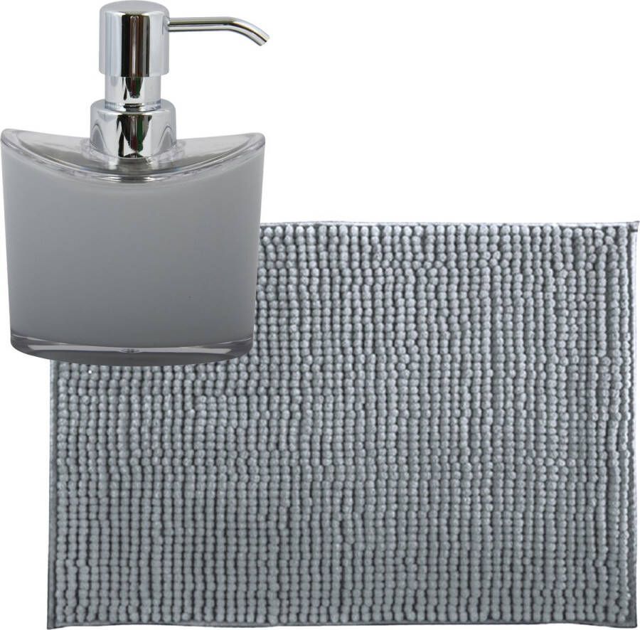 MSV badkamer droogloop mat tapijtje 50 x 80 cm en zelfde kleur zeeppompje 260 ml lichtgrijs