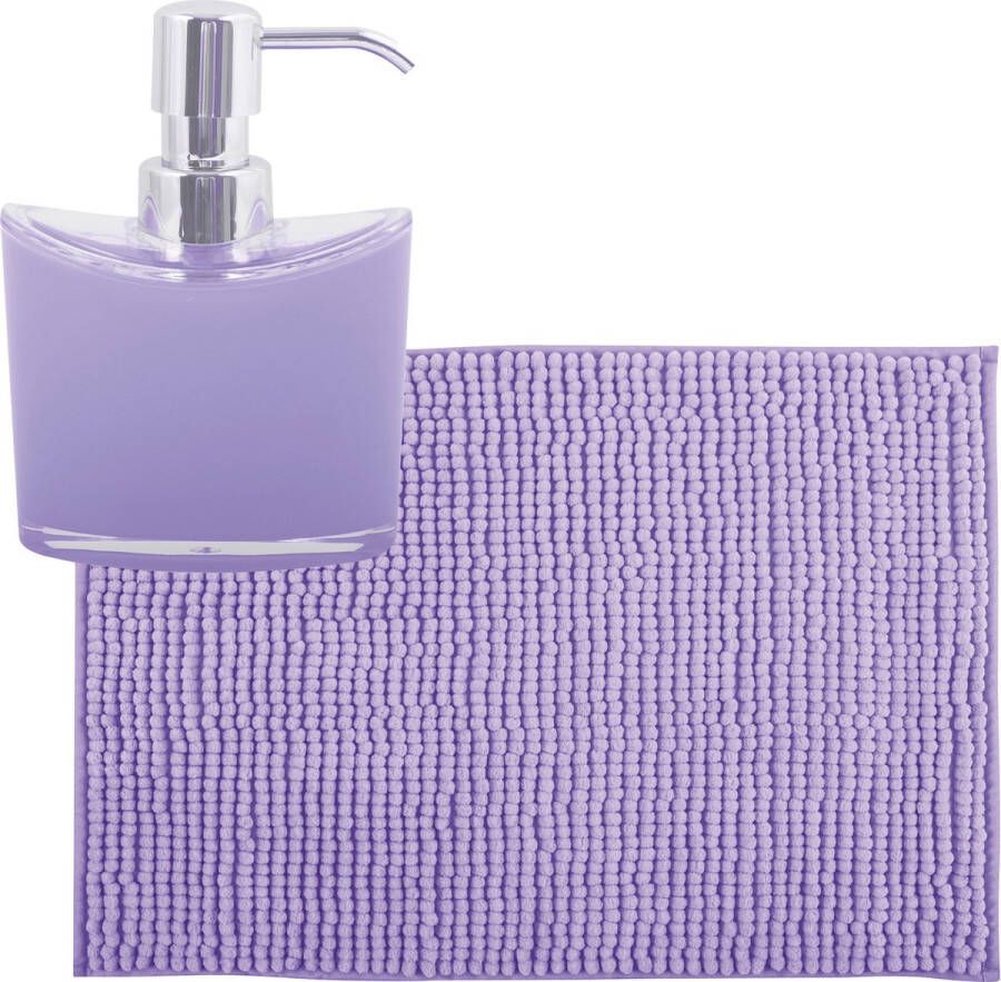 MSV badkamer droogloop mat tapijtje 50 x 80 cm en zelfde kleur zeeppompje 260 ml lila paars