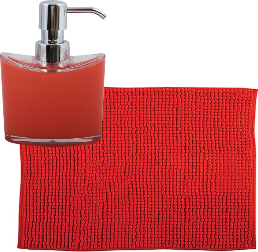 MSV badkamer droogloop mat tapijtje 50 x 80 cm en zelfde kleur zeeppompje 260 ml rood