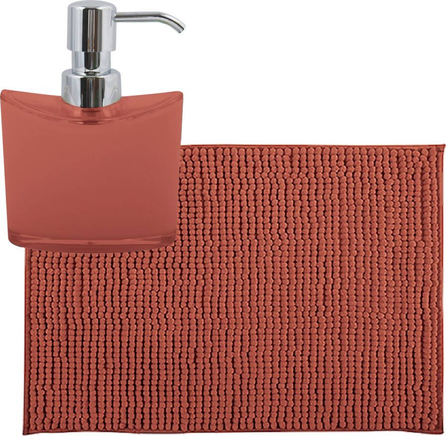 MSV badkamer droogloop mat tapijtje 50 x 80 cm en zelfde kleur zeeppompje 260 ml terracotta