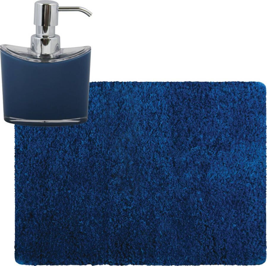 MSV badkamer droogloop tapijt Langharig 50 x 70 cm incl zeeppompje 260 ml donkerblauw