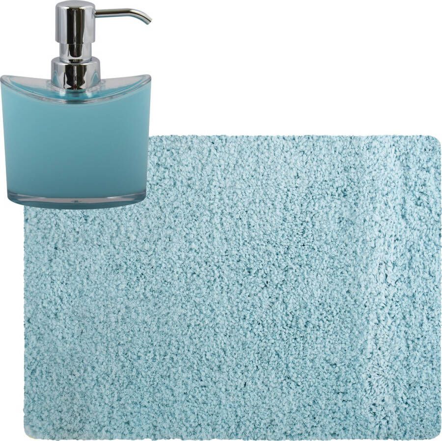 MSV badkamer droogloop tapijt Langharig 50 x 70 cm incl zeeppompje 260 ml lichtblauw