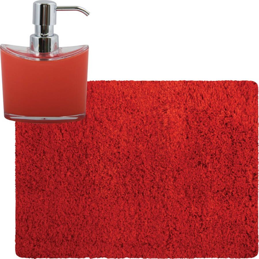 MSV badkamer droogloop tapijt Langharig 50 x 70 cm incl zeeppompje 260 ml rood
