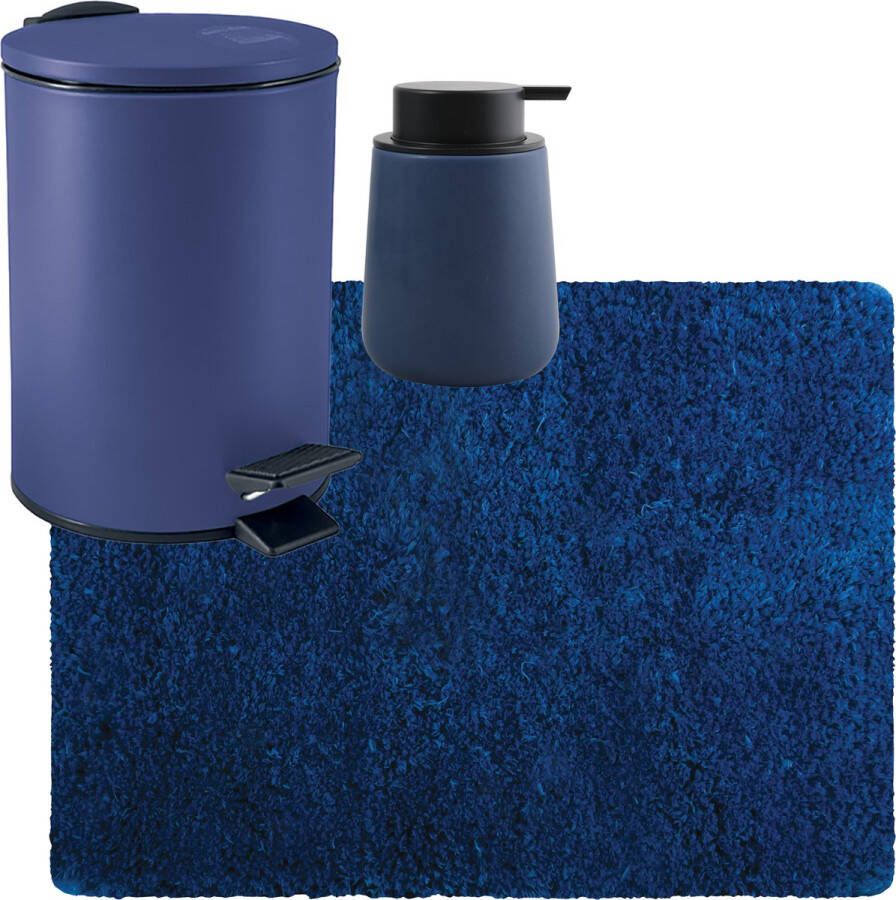 MSV badkamer droogloop tapijt langharig 50x70 cm pedaalemmer 3L zeeppompje 300 ml donkerblauw