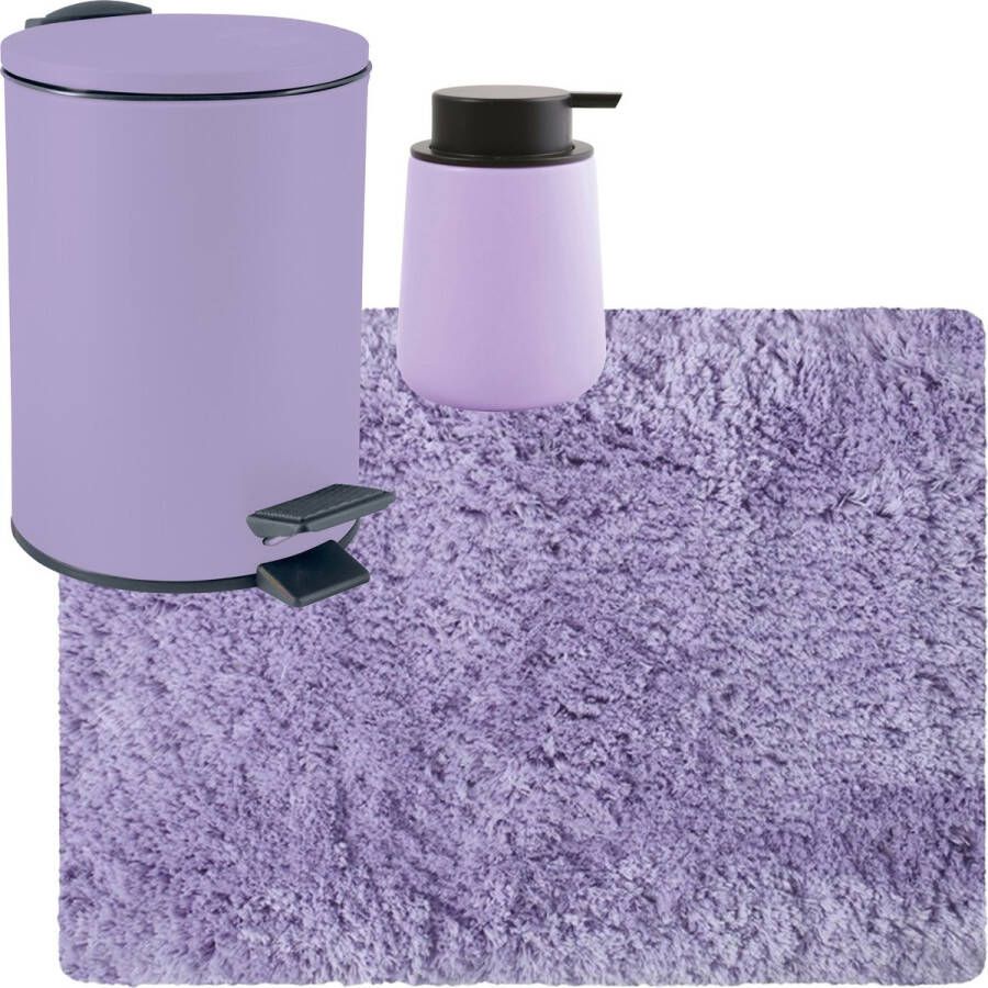 MSV badkamer droogloop tapijt langharig 50x70 cm pedaalemmer 3L zeeppompje 300 ml lila paars