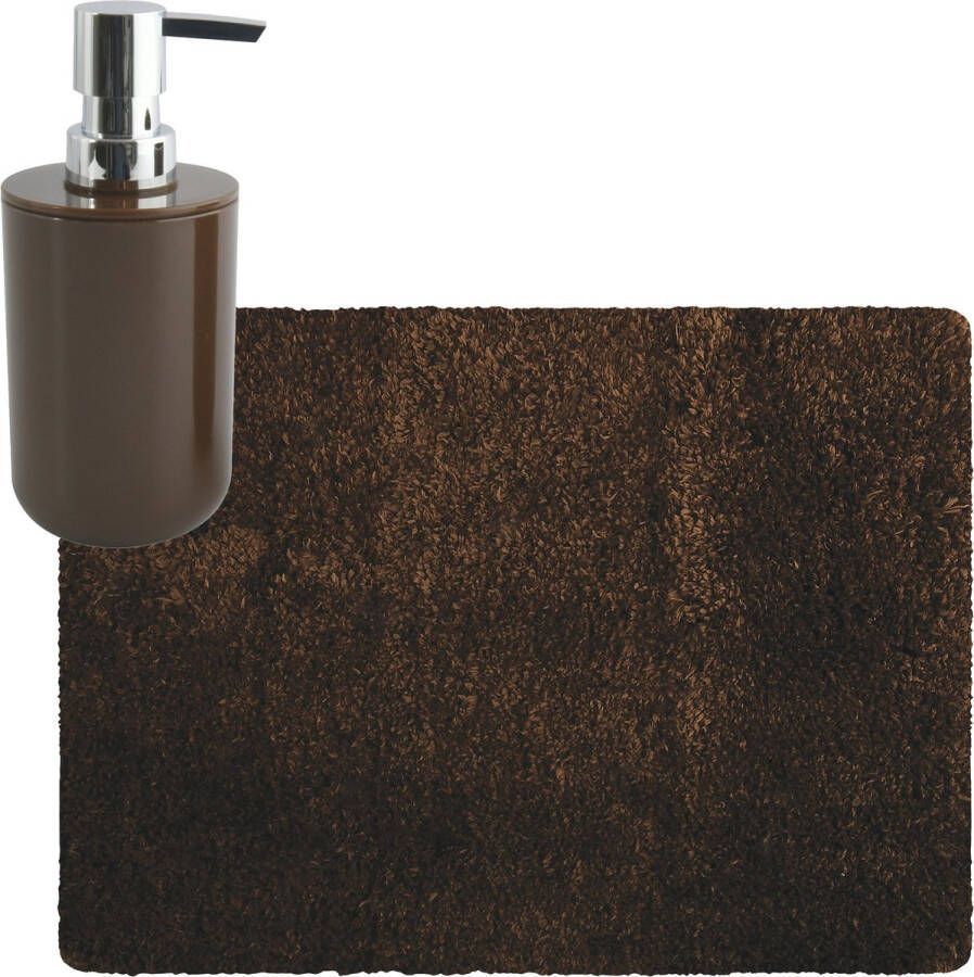 MSV badkamer droogloop tapijt matje Langharig 50 x 70 cm inclusief zeeppompje in dezelfde kleur bruin
