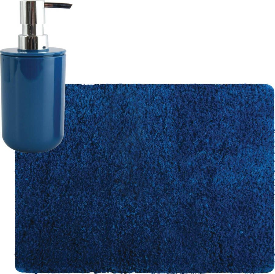 MSV badkamer droogloop tapijt matje Langharig 50 x 70 cm inclusief zeeppompje in dezelfde kleur donkerblauw