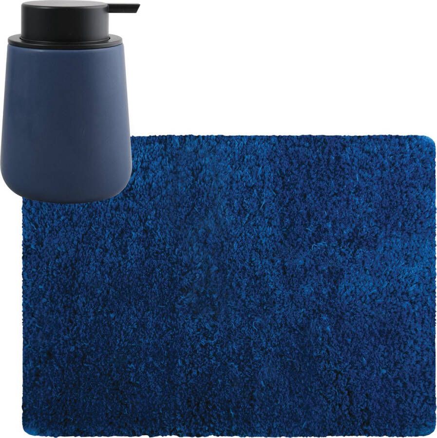 MSV badkamer droogloop tapijt matje Langharig 50 x 70 cm inclusief zeeppompje in dezelfde kleur donkerblauw