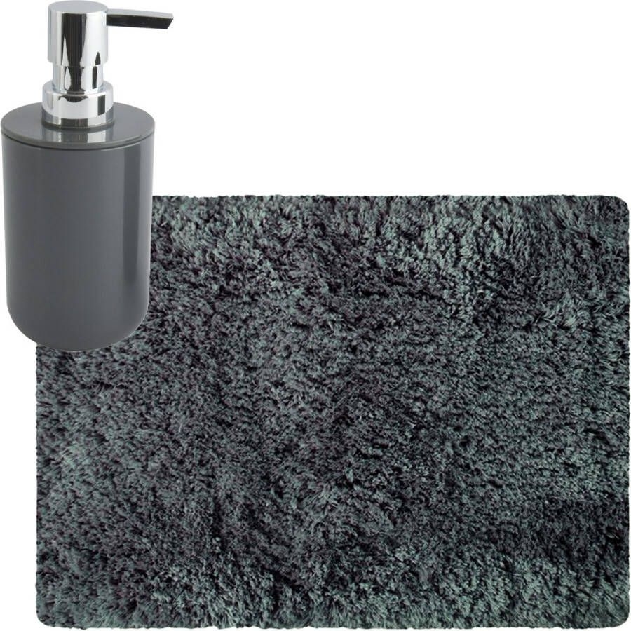 MSV badkamer droogloop tapijt matje Langharig 50 x 70 cm inclusief zeeppompje in dezelfde kleur donkergrijs