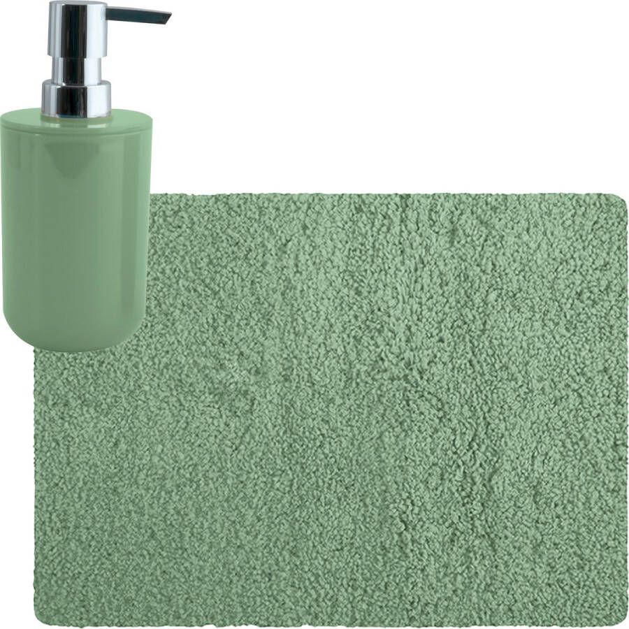 MSV badkamer droogloop tapijt matje Langharig 50 x 70 cm inclusief zeeppompje in dezelfde kleur groen