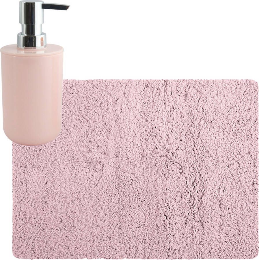MSV badkamer droogloop tapijt matje Langharig 50 x 70 cm inclusief zeeppompje in dezelfde kleur lichtroze