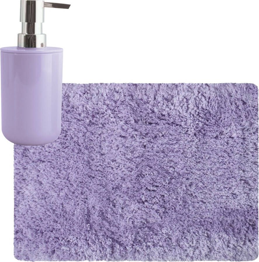 MSV badkamer droogloop tapijt matje Langharig 50 x 70 cm inclusief zeeppompje in dezelfde kleur lila paars