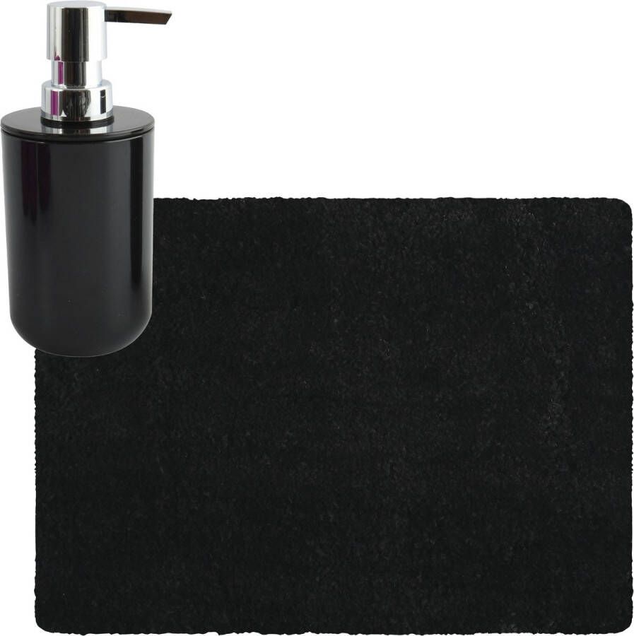 MSV badkamer droogloop tapijt matje Langharig 50 x 70 cm inclusief zeeppompje in dezelfde kleur zwart