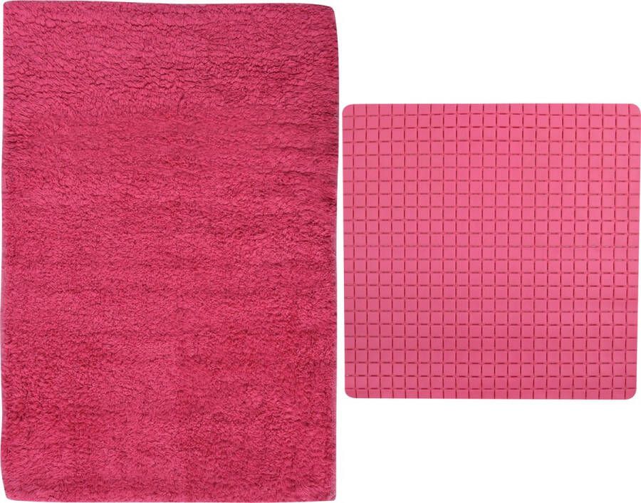 MSV Douche anti-slip droogloop matten Napoli badkamer set rubber polyester fuchsia roze