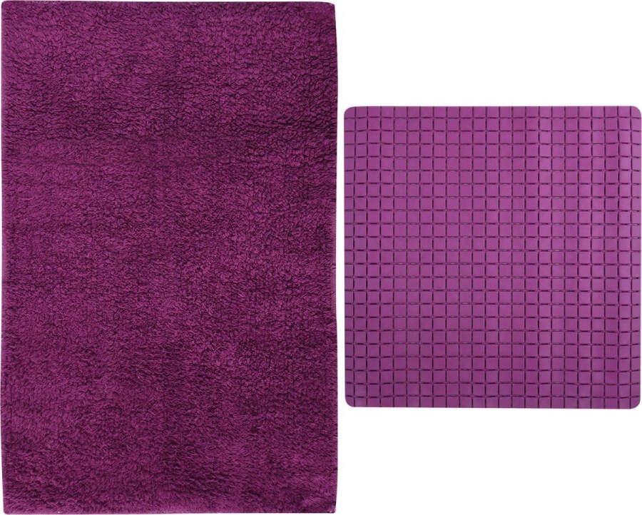 MSV Douche anti-slip droogloop matten Napoli badkamer set rubber polyester paars