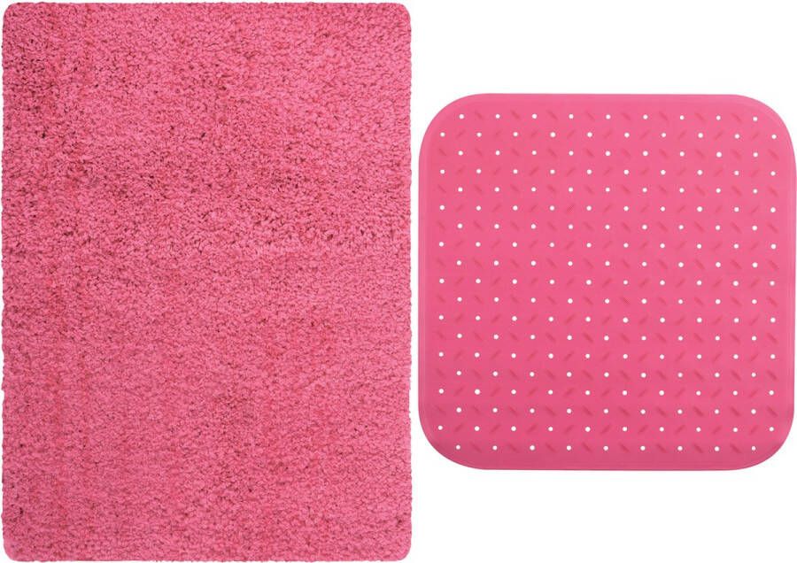 MSV Douche anti-slip droogloop matten Venice badkamer set rubber microvezel fuchsia roze