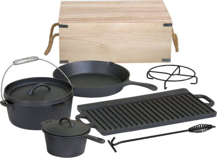 M.T.C 9-delige Dutch Oven Set met houten kist en veel gietijzeren grill accessoires