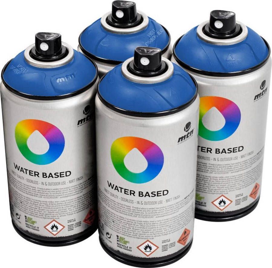 Mtn Blauwe waterbasis spuitverf Primary Blue 4 stuks 300ml lage druk en matte afwerking