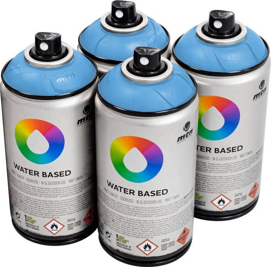 Mtn Blauwe waterbasis spuitverf Primary Blue Pale 4 stuks 300ml lage druk en matte afwerking