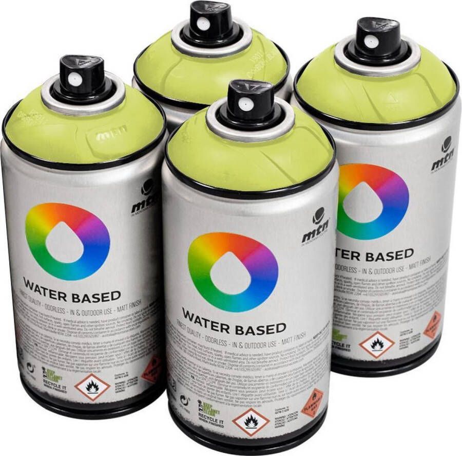 Mtn Groene waterbasis spuitverf Brilliant Yellow Green 4 stuks 300ml lage druk en matte afwerking