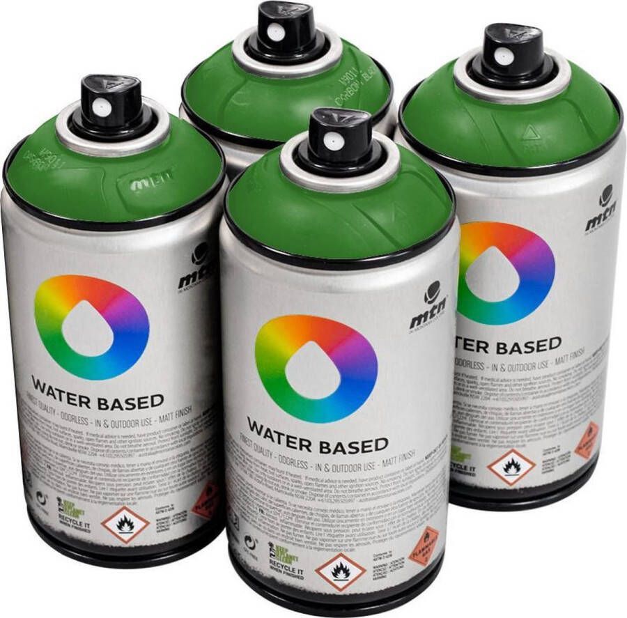 Mtn Groene waterbasis spuitverf Brilliant Yellow Green Dark 4 stuks 300ml lage druk en matte afwerking