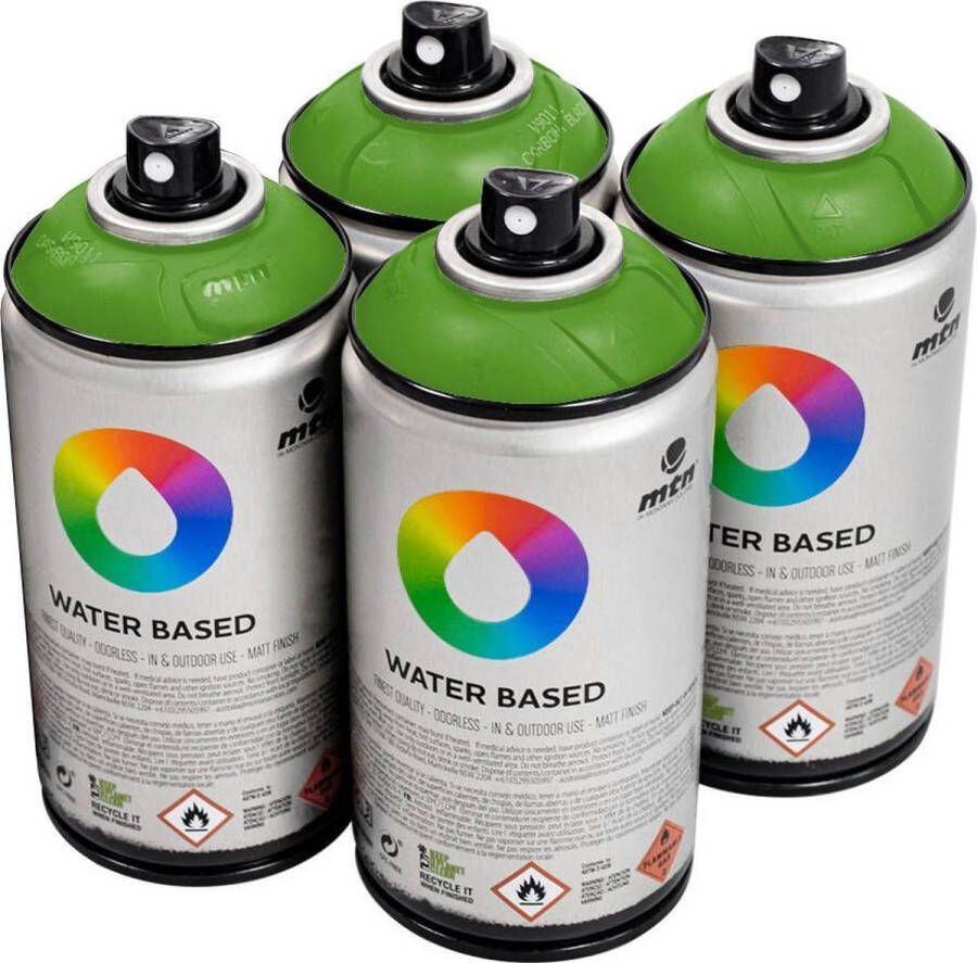 Mtn Groene waterbasis spuitverf Brilliant Yellow Green Deep 4 stuks 300ml lage druk en matte afwerking