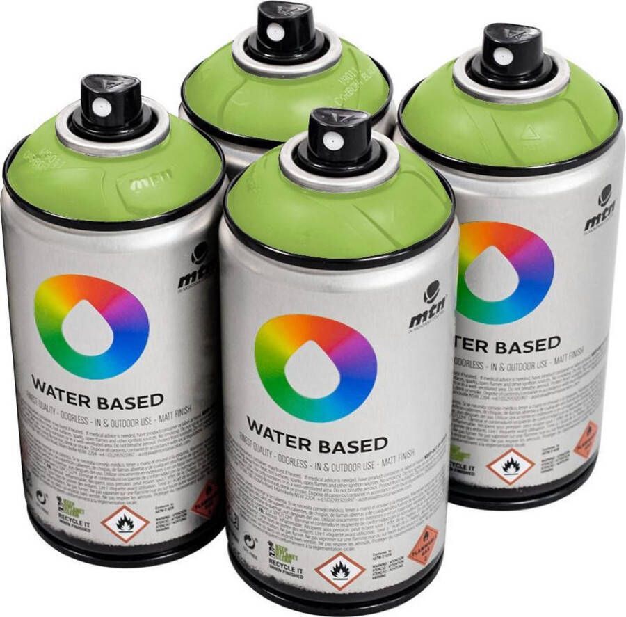 Mtn Groene waterbasis spuitverf Brilliant Yellow Green Medium 4 stuks 300ml lage druk en matte afwerking