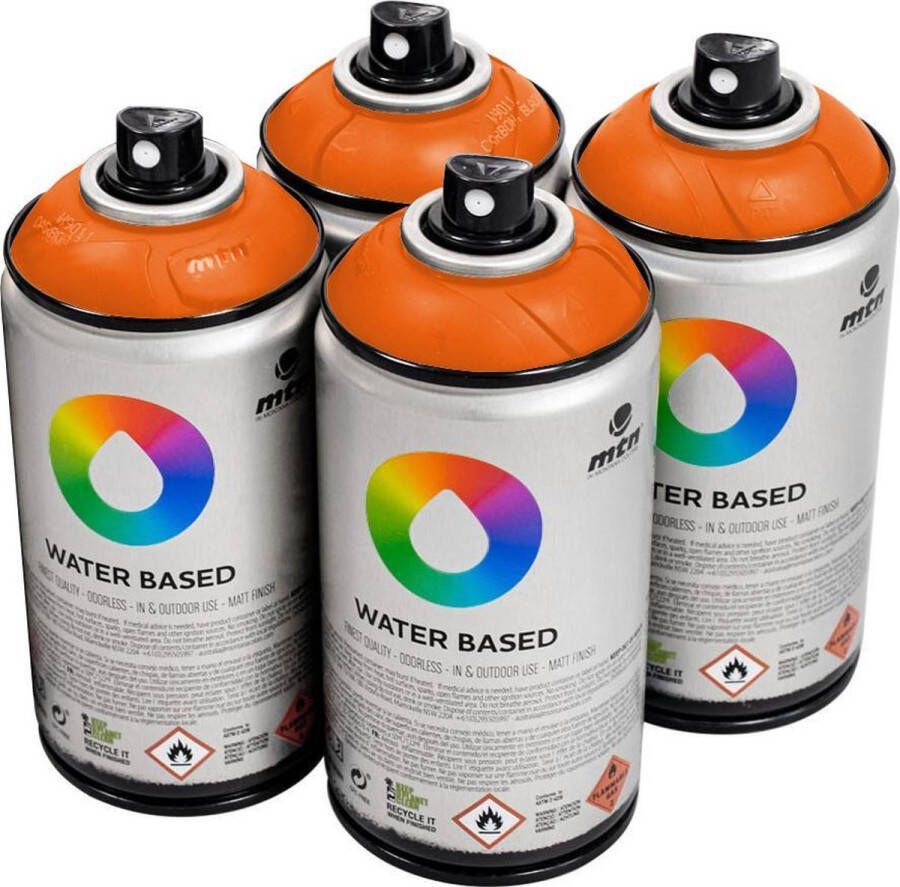 Mtn Oranje waterbasis spuitverf Azo Orange 4 stuks 300ml lage druk en matte afwerking