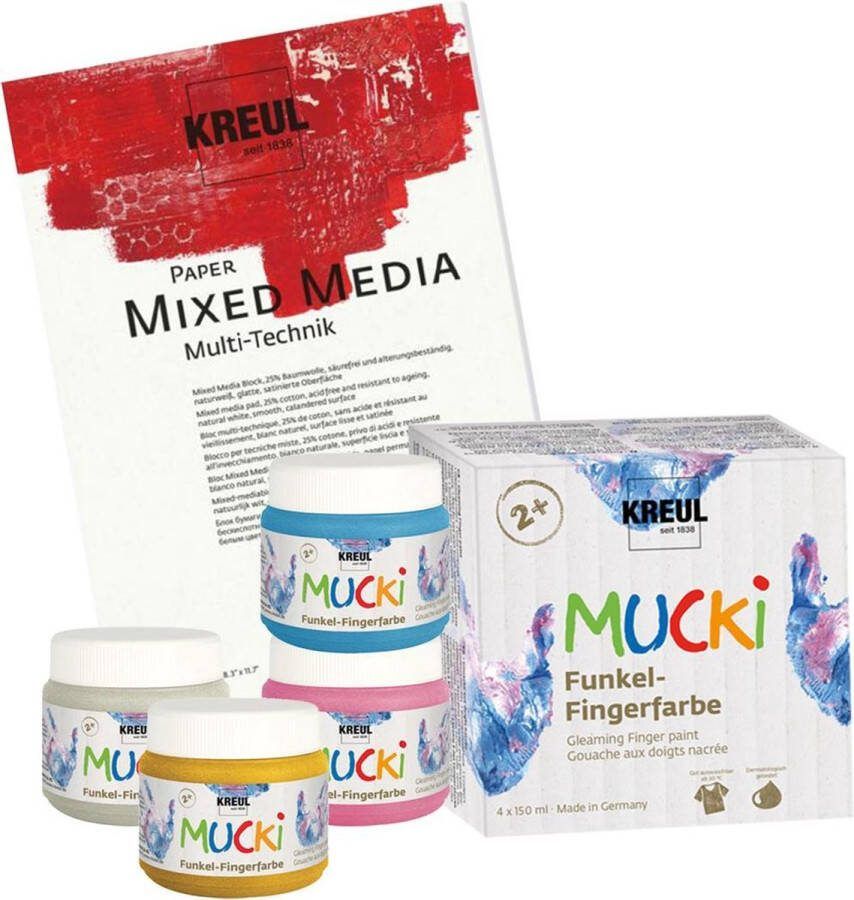 Mucki Vingerverf set 4 glans kleuren vingerverf + 10 vellen A3 formaat schilderspapier